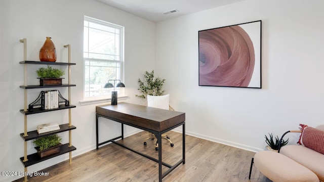 office space with light hardwood / wood-style floors and a healthy amount of sunlight