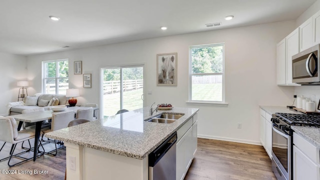 kitchen featuring appliances with stainless steel finishes, wood-type flooring, plenty of natural light, and an island with sink