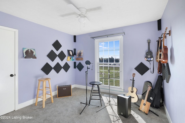 miscellaneous room with carpet floors and ceiling fan