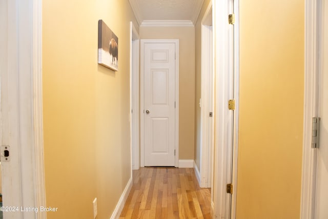 corridor featuring light wood-type flooring, crown molding, a textured ceiling, and baseboards