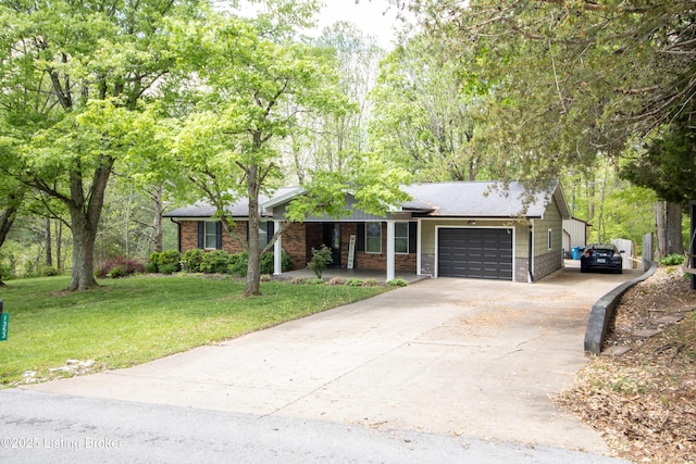 1353 Ferrill Hill Rd, Buffalo, KY 42716 - ranch-style house with a porch, concrete driveway, a front yard, and an attached garage