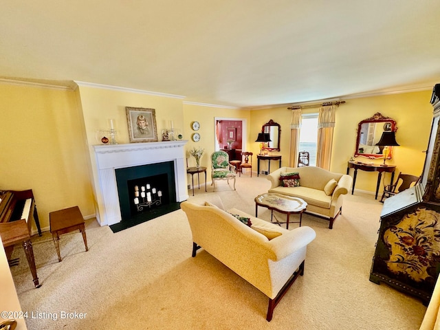 carpeted living room with crown molding