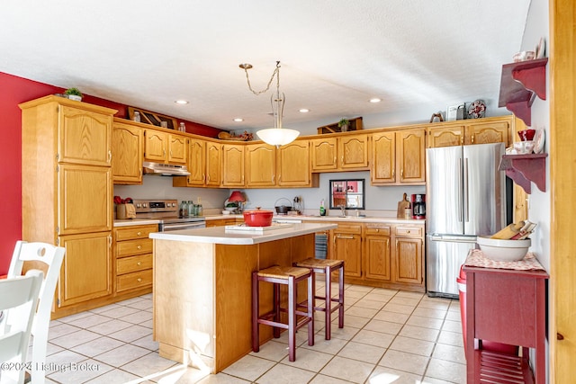175 Boone White Rd, Leitchfield, KY 42754 - kitchen with appliances with stainless steel finishes, light countertops, light tile patterned flooring, a center island, and under cabinet range hood