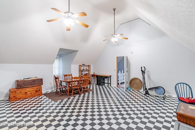 175 Boone White Rd, Leitchfield, KY 42754 - playroom featuring tile patterned floors, lofted ceiling, ceiling fan, and baseboards