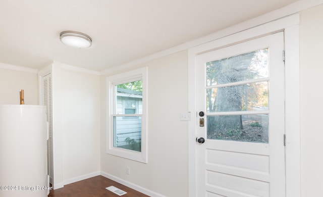 doorway with water heater, dark wood-type flooring, and ornamental molding