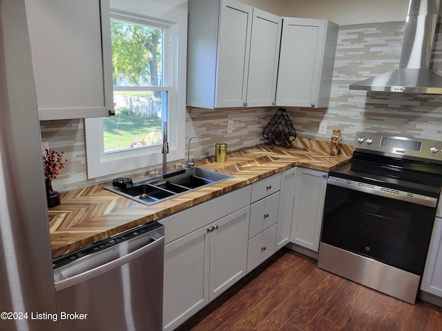 kitchen featuring tasteful backsplash, white cabinetry, appliances with stainless steel finishes, sink, and wall chimney exhaust hood