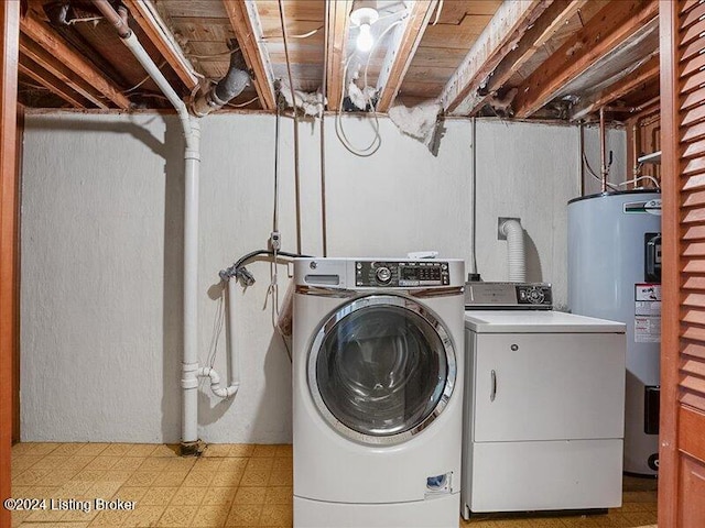 clothes washing area featuring water heater and separate washer and dryer