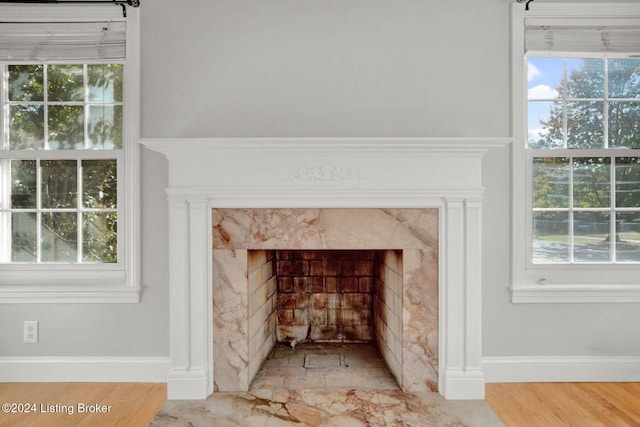 details with hardwood / wood-style flooring and a high end fireplace