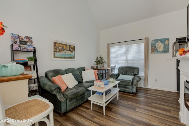 living room featuring dark wood-type flooring and vaulted ceiling