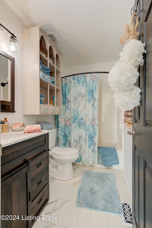 full bathroom with vanity, toilet, and shower / bathtub combination with curtain