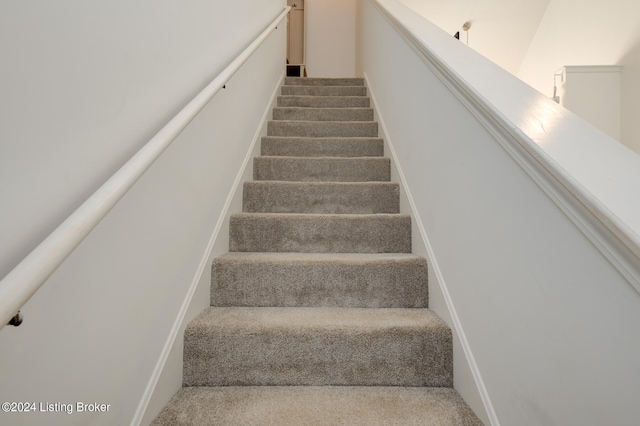 staircase featuring carpet