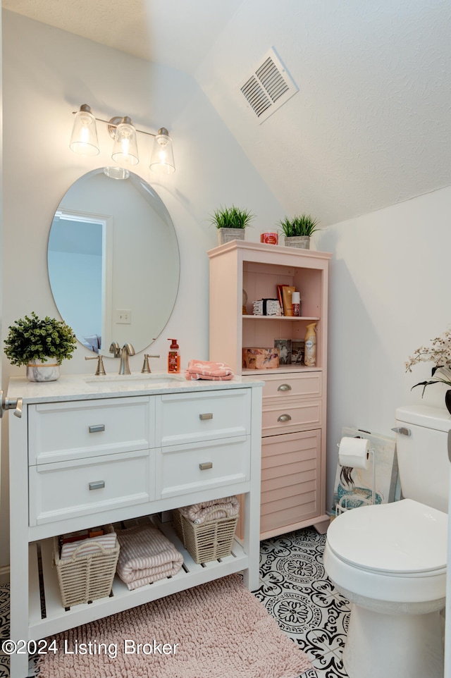 bathroom with vanity, lofted ceiling, and toilet