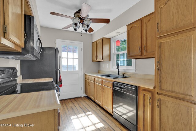 kitchen with ceiling fan, black appliances, sink, light hardwood / wood-style floors, and decorative light fixtures