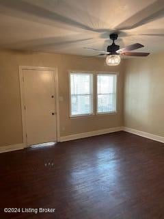 foyer entrance featuring ceiling fan and dark hardwood / wood-style floors