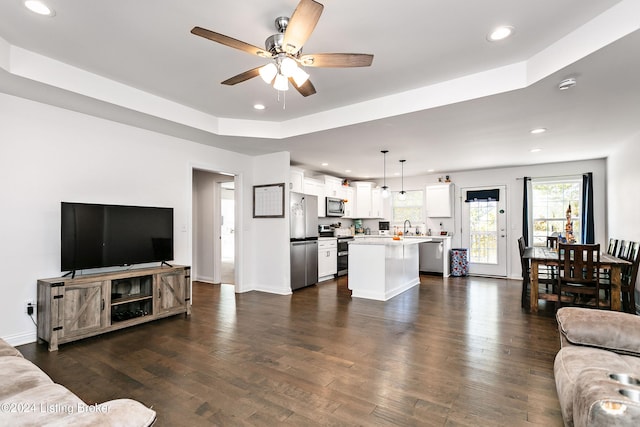 living room with dark wood-type flooring, ceiling fan, a raised ceiling, and sink