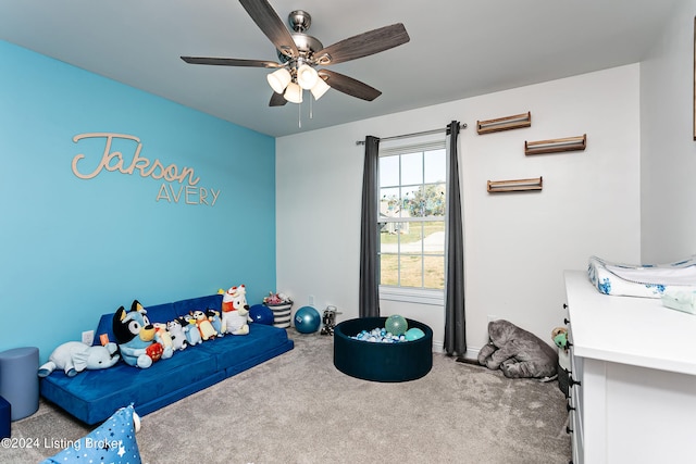 carpeted bedroom featuring ceiling fan