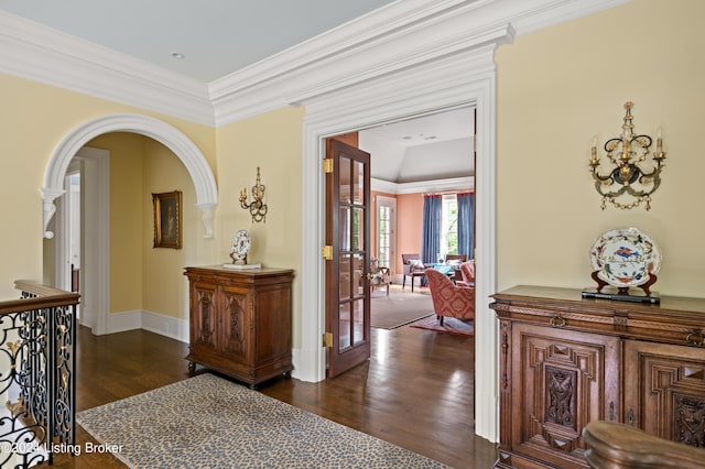 hallway featuring crown molding and dark hardwood / wood-style flooring