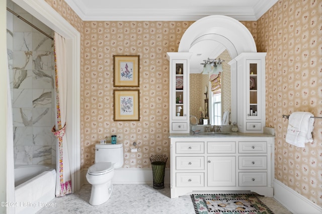 full bathroom featuring vanity, crown molding, shower / bath combo, and toilet