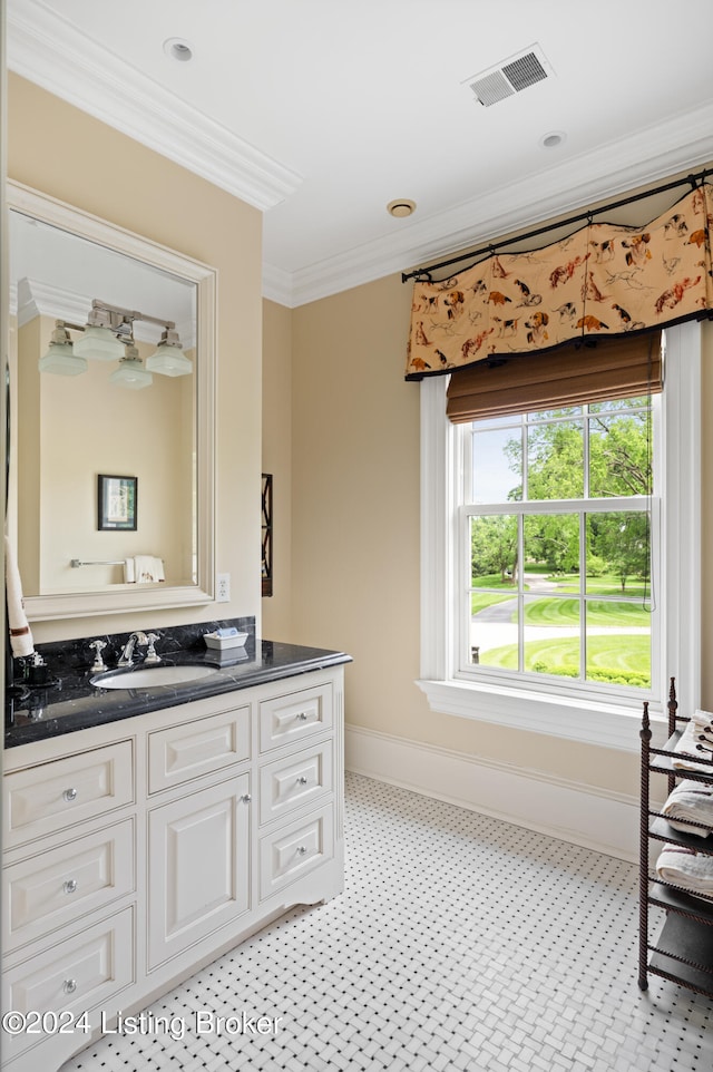 bathroom featuring vanity and ornamental molding