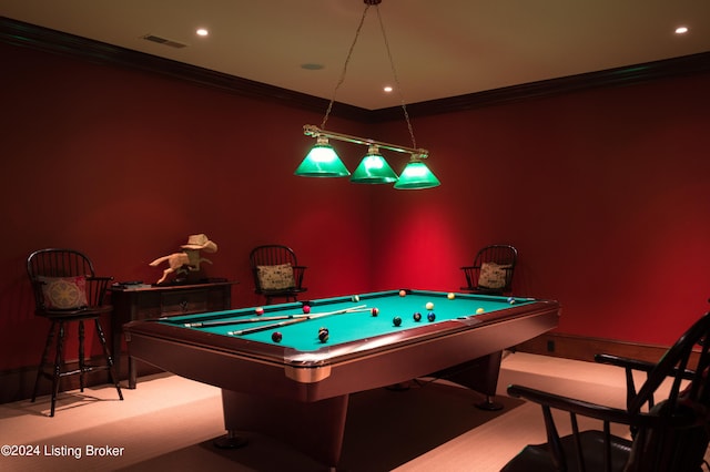 rec room featuring ornamental molding, billiards, and light colored carpet