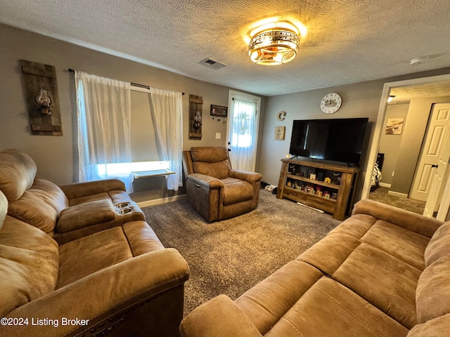 living room with a textured ceiling and carpet floors