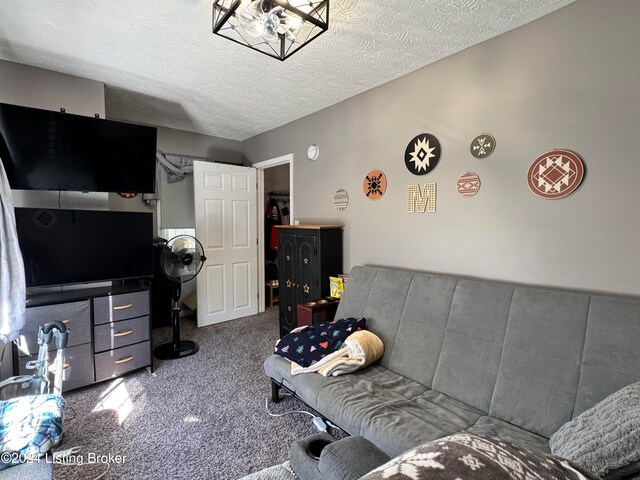 carpeted living room featuring a textured ceiling