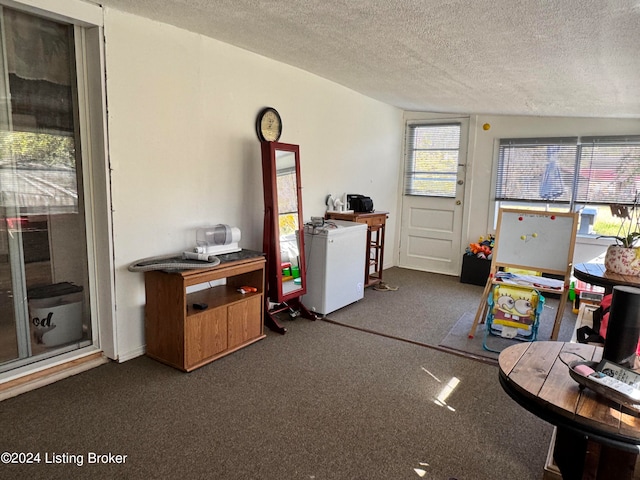 game room featuring a textured ceiling, dark carpet, and a wealth of natural light