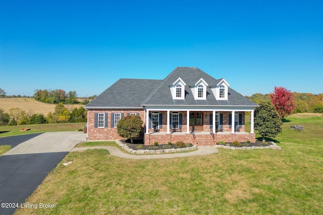 new england style home featuring a porch and a front lawn