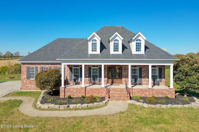 cape cod-style house with a porch and a front lawn