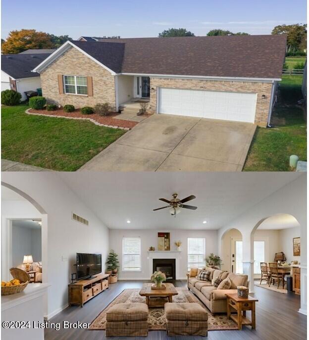 living room featuring hardwood / wood-style flooring, ceiling fan, exterior fireplace, and vaulted ceiling