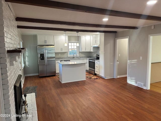 kitchen with dark hardwood / wood-style floors, hanging light fixtures, a center island, white cabinets, and appliances with stainless steel finishes