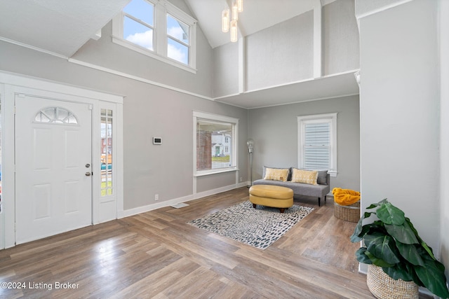 foyer entrance with high vaulted ceiling, wood-type flooring, and plenty of natural light