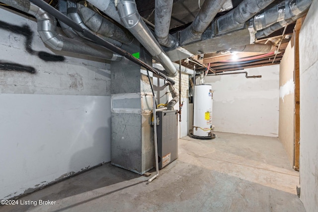 basement with heating unit and gas water heater