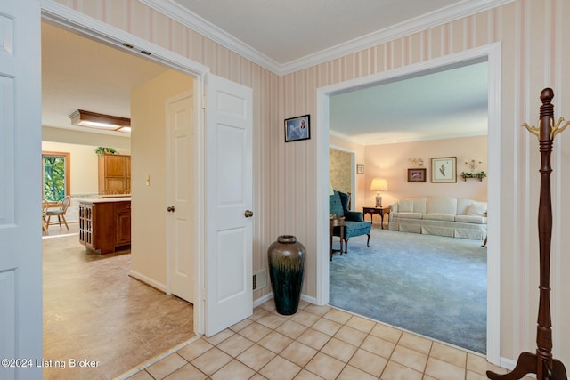 corridor featuring light carpet and crown molding