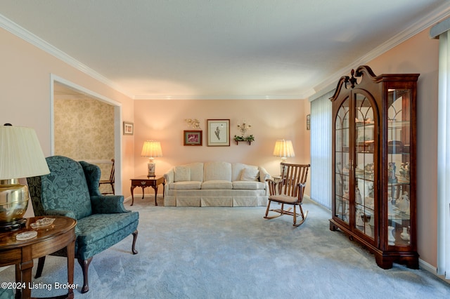 carpeted living room with crown molding