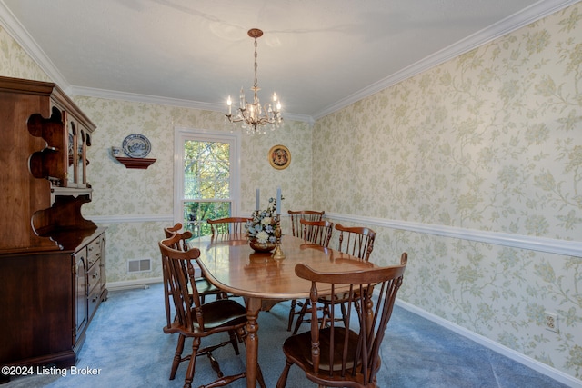 carpeted dining space with crown molding and a notable chandelier