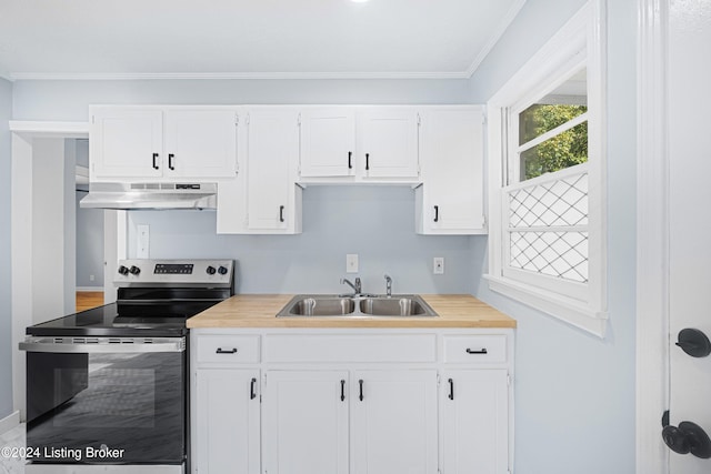 kitchen with stainless steel electric range, white cabinets, sink, ornamental molding, and extractor fan