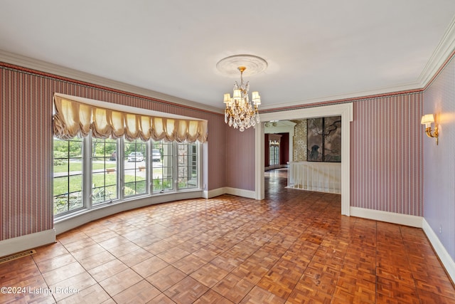 unfurnished room featuring an inviting chandelier, crown molding, and parquet flooring