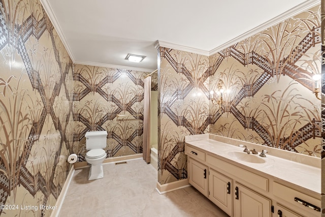 full bathroom featuring crown molding, vanity, toilet, and shower / tub combo