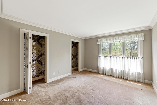 unfurnished bedroom featuring crown molding and light carpet