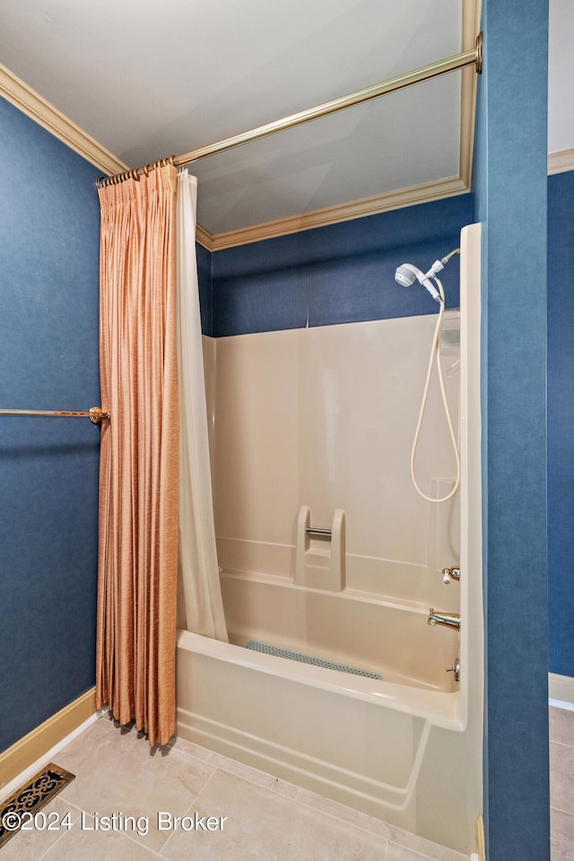 bathroom with tile patterned flooring, ornamental molding, and shower / bath combo