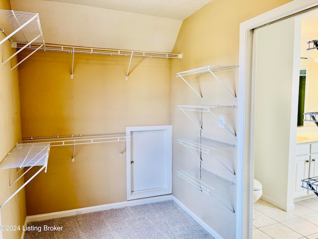 spacious closet featuring light carpet and lofted ceiling