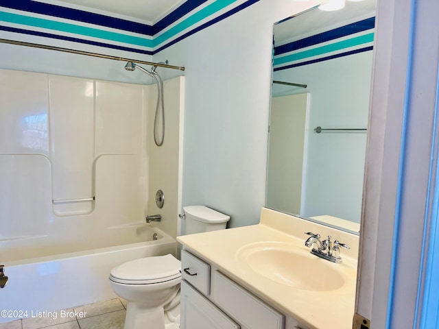 full bathroom with vanity, toilet, shower / bath combination, and tile patterned flooring