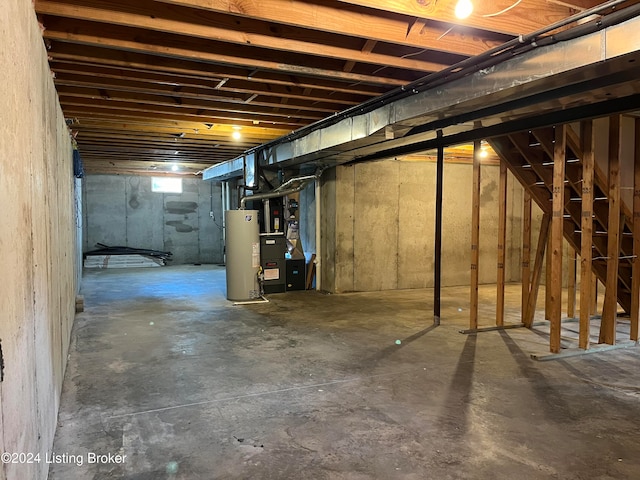 basement with heating unit and water heater