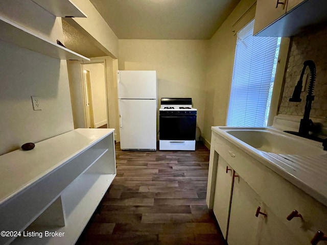 kitchen featuring dark hardwood / wood-style flooring, white appliances, and sink