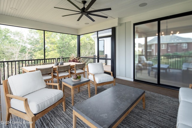 sunroom / solarium featuring ceiling fan and wood ceiling