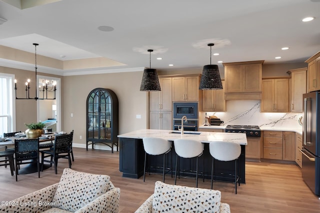 kitchen with appliances with stainless steel finishes, an island with sink, light hardwood / wood-style flooring, and pendant lighting