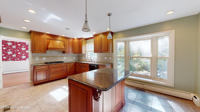 kitchen with custom exhaust hood, baseboard heating, backsplash, and dishwasher