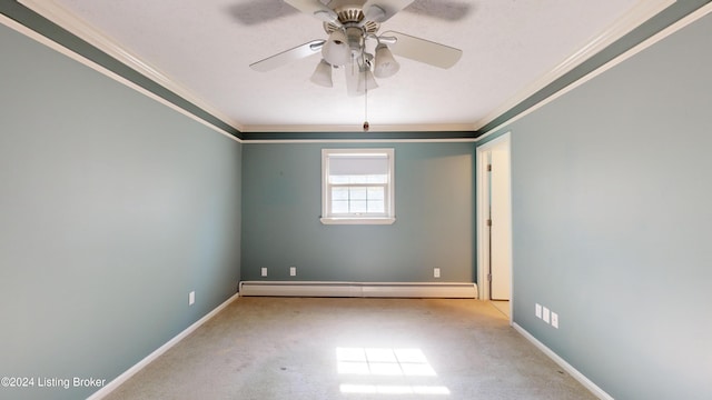 empty room featuring a baseboard radiator, carpet floors, and ornamental molding