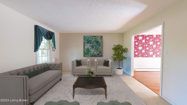 carpeted living area featuring a textured ceiling and a baseboard radiator